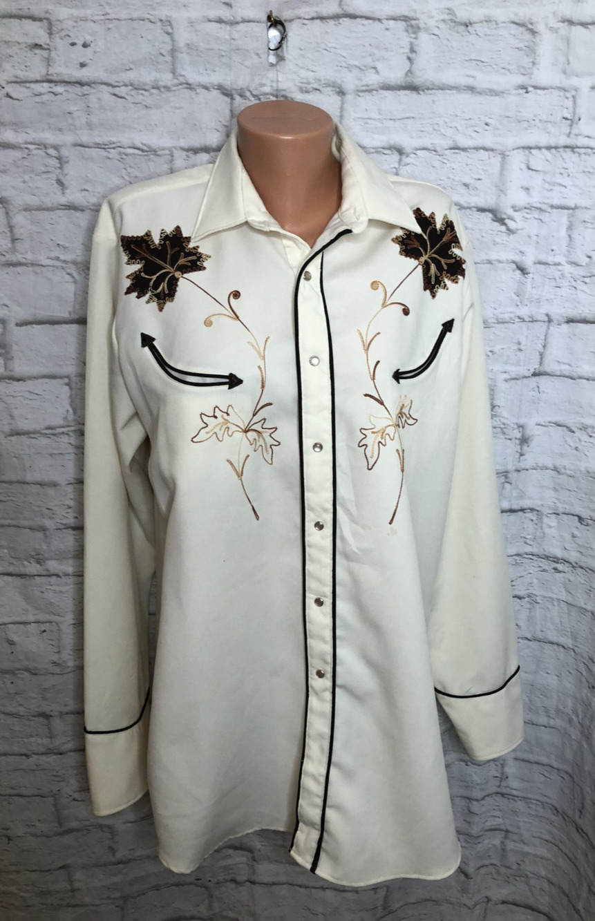 Miller Vtg 70s Western Maple Leaves Pearl Snap Shirt Mens Sz Large USA Made